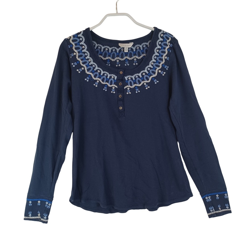 Lucky Brand Navy Blue Embroidered Waffle Knit Henley Top Long Sleeve Womens M